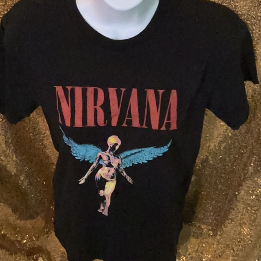 NIRVANA Black Kids Tee with Red Logo and Multicolor Angel